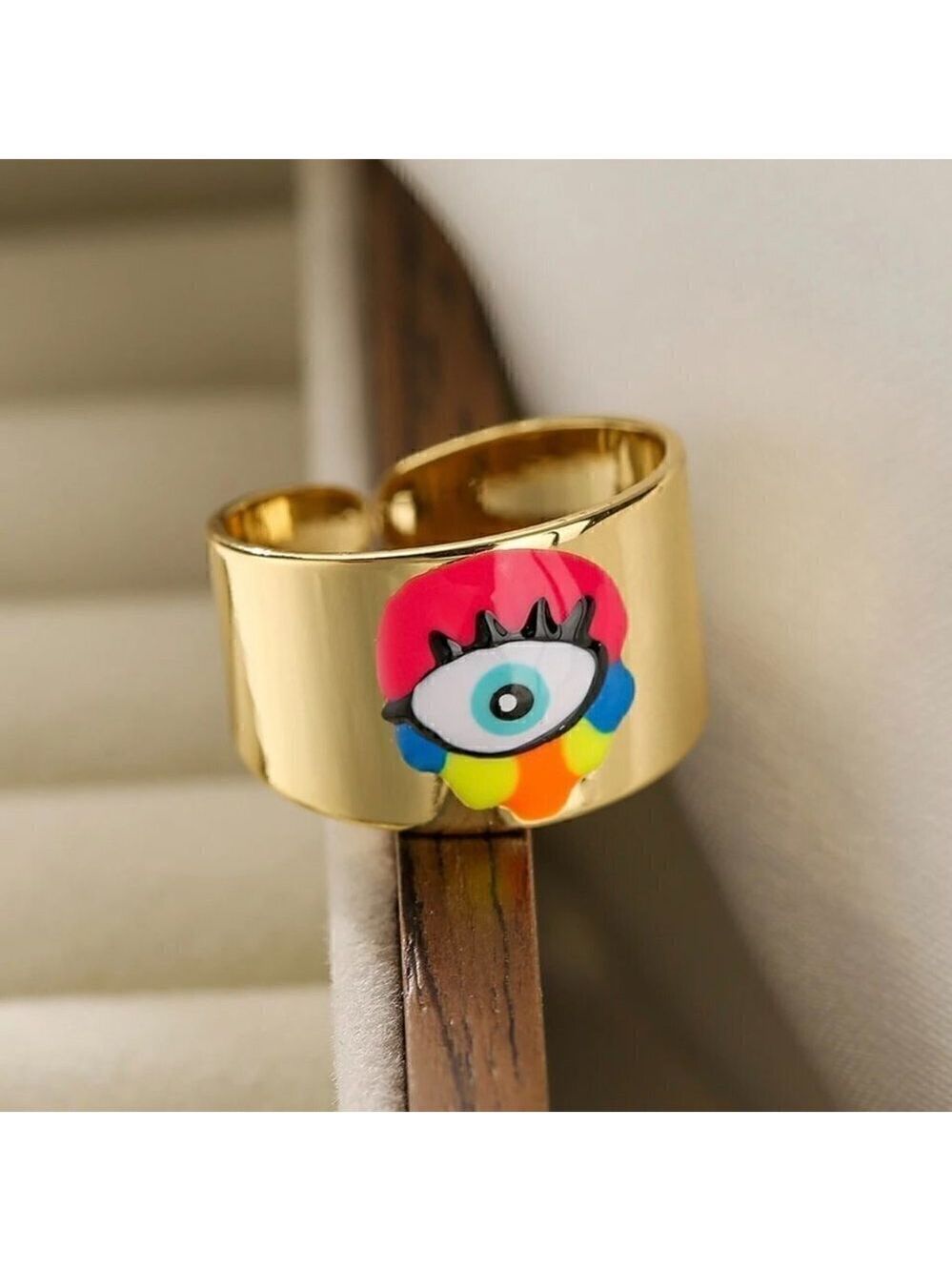 Boho Evil Eye Enamel and Copper Adjustable Ring #1300 NEON GREEN - Picture 14 of 14
